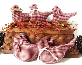 Fabric Birds, Set of 5 Homespun Birds, Brick Red Plaid With Scarves, Bowl Fillers, Shelf Sitters, Home Decor, Prim Decor, Fall Winter Birds