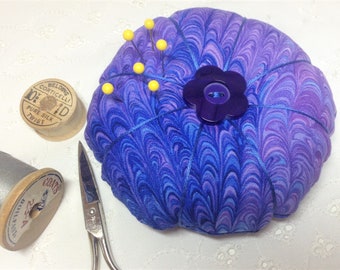 Weighted Pincushion Purple Blue Swirl Pattern Cotton Fabric, Filled With Organic Brown Flax Seed & Polyfill, Purple Button Accent, Handmade