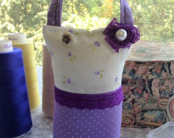 Handmade Pincushion Purple and White with Vintage Stickpin, Lace, Sewing Gift, Needle Pin Holder, Purse Style With Handle