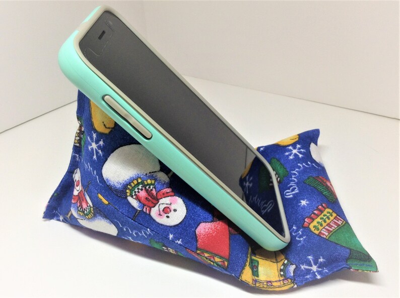 Cell Phone Pillow Stand, Winter Snowman Fabric, Mobile Phone Cushion, Desk Phone Stand, Hands Free Device Holder, Fits Average Size Phone image 6