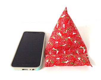 Strawberries Cell Phone Pillow Stand, Mobile Phone Cushion, Phone Stand, Hands Free Device Holder, Fits Average Size Cell Phones, Handmade