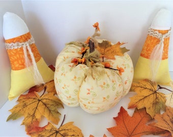 Fabric Pumpkin and Candy Corn Set, Handmade, Decorated Fall Pumpkin And Large Decorated Candy Corn  Home Decor, 1 Pumpkin, 2 Candy Corn