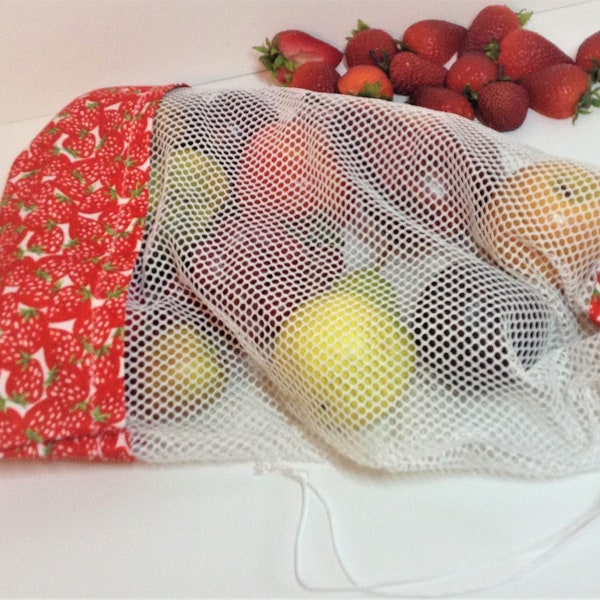 Reusable Mesh Produce Bag, XL Size 18 x 11 Inch Drawstring Bag, Vegetable Fruit Shopping, Farmers Market, Green Net Zero, Red Strawberries