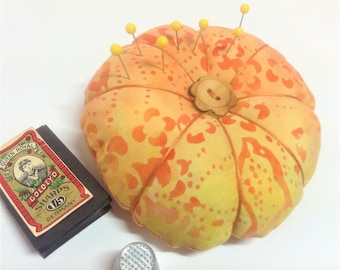 Lavender Scented Pincushion Weighted, Orange Batik, Organic French Lavender Flax Seed Fill, Sewing Pin Cushion, Sewer Crafter Gift