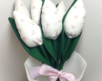 Fabric Tulips, Bouquet of 6 Matching Pink and White Small Floral, Flower Bouquet, Handmade, Fabric Flowers, Tilda Tulips, Spring Decor