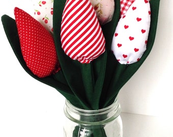 Red & White Fabric Tulip Bouquet 6 Handmade Flowers, Farmhouse Decor, Seasonal Decor