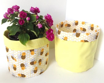 Reversible Fabric Basket Round Flower Pot Covers, Set of 2 Bumble Bees Fabric, Indoor Outdoor, Summer Home, Hostess Gift, Craft Storage