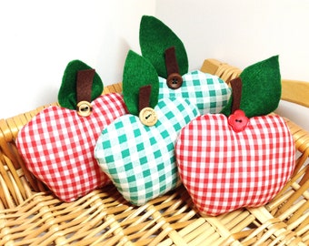 Fabric Apple Bowl Fillers, Set of 4, Tiered Tray Decor, Red and Green Gingham, Farmhouse,  Handmade, Fabric Vegetables, Primitive, Kitchen