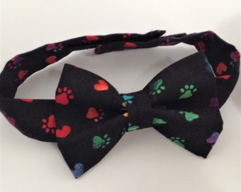 Pet Bow Tie and Collar- Rainbow Paws on Black - Sliding Bow Tie on Neck Strap with Velcro Closure - Four Sizes Available XS, S, M, L Dog Cat