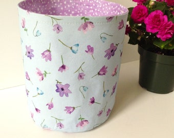 Round Fabric Basket, Plant Pot Cover, Indoor Outdoor, Summer Patio Decor, Thread Catcher, Sewing Notions, Purple Blue Floral and Dots