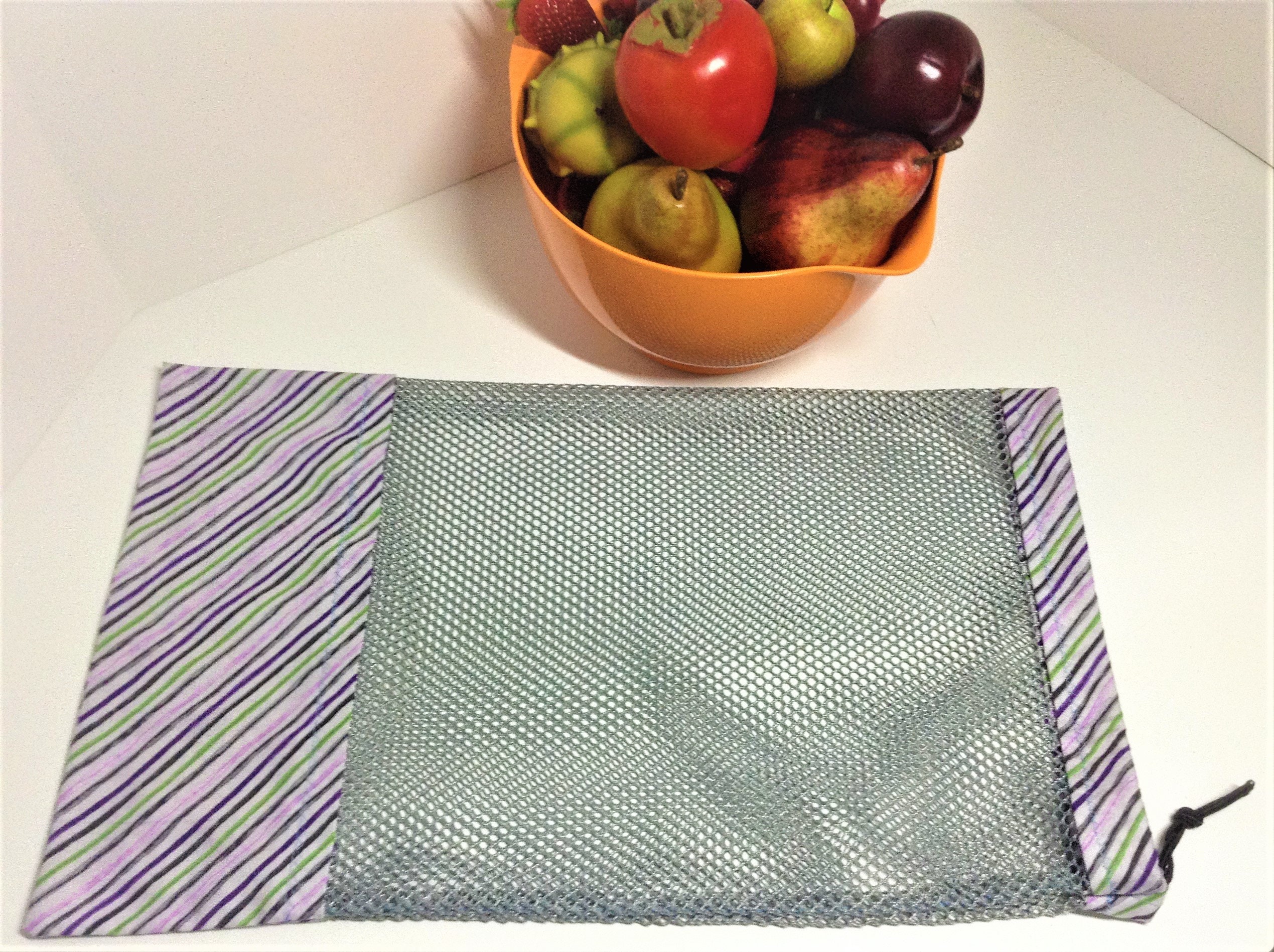 Reusable Mesh Produce Bag, XL 19 x 11 Inch Drawstring Bag, Vegetable Fruit Bulk Shopping, Farmers Market, Green Eco, Purple Green Stripe