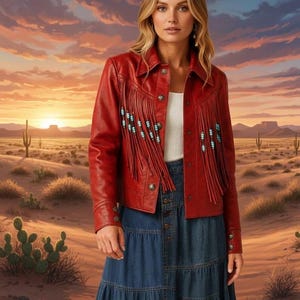 Könnte beinhalten: Rote Lederjacke mit Fransen und türkisfarbenen Perlen. Die Jacke hat eine Knopfleiste und wird mit einem Jeansrock kombiniert. Die Jacke ist im Western-Stil gehalten.