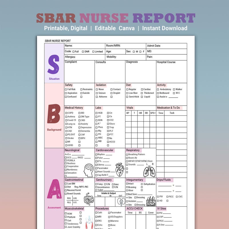 Sbar Nurse Report Sheet - Etsy