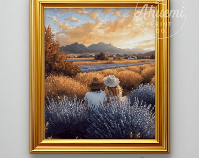 Romantic Cottagecore Landscape Printable - Couple Seated in Watercolor Art, Cozy Lavender Fields, Serene Wall Decor Digital Download 573
