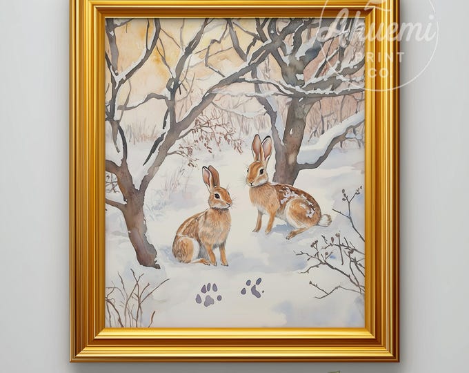 Winter Hares Watercolor Print – Rustic Cottagecore Snow Scene (Digital Download)