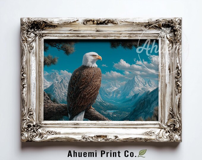 Majestic Eagle Canvas Print - Rustic Mountain Landscape, Nature-Inspired Digital Art, Wildlife Wall Decor, Patriotic Printable Download 364