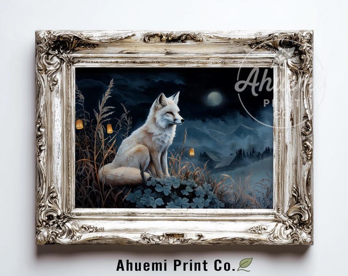 Moonlit Ridge with White Fox - Serene Fantasy Night Scene, Moody Digital Painting, Magical Wall Decor, Cozy Autumn Printable Art 559