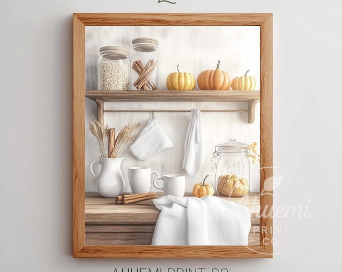 Cozy Fall Kitchen Shelf Print - Warm Autumn Still Life Art, Minimalist Rustic Decor, Neutral Palette, Printable Digital Download Wall Art 78