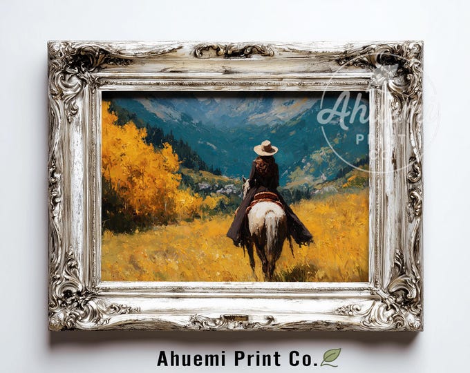 Western Cowgirl in Mountain Pass - Rustic Landscape Painting, Adventurous Pastoral Scene, Printable Wall Art with Wildflowers in Meadow 391