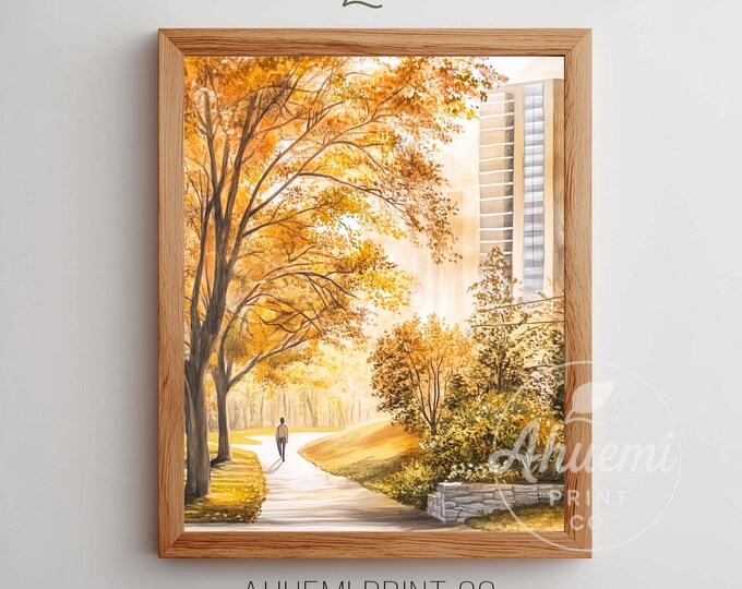 Lone Figure Walking on Tree-Lined Path - Printable Fall Landscape Art, Cozy Autumn Decor, Peaceful Urban Scene, Digital Download 91