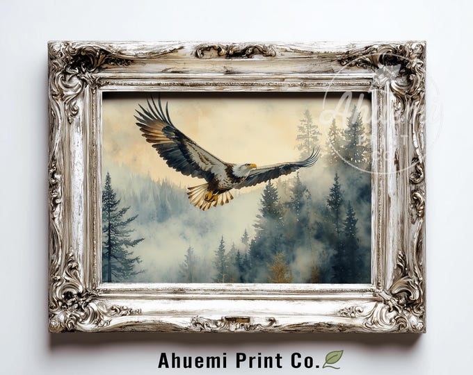 Printable Moody Watercolor Eaglet in Flight - Majestic Wildlife Art, Rustic Earthy Painting, Vintage Nature Decor, Digital Download 447