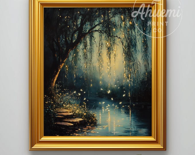Moody Fairy Willow Pond - Magical Digital Painting, Enchanting Fairy-Tale Scene, Mystical Forest Download, Printable Fantasy Wall Art 492