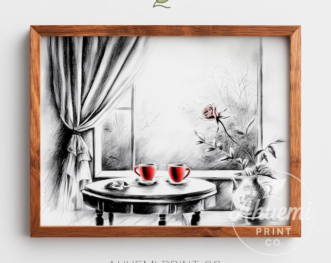 Vintage Cozy Café Table for Two - Minimalist Black and White Art, Romantic Tea Time Scene, Printable Wall Art, Digital Download 44