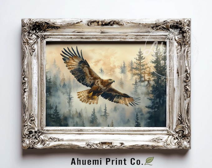 Moody Eaglet in Flight - Rustic Wildlife Decor, Dramatic Nature Scene, Atmospheric Forest Lodge Art, Printable Eagle Painting 446