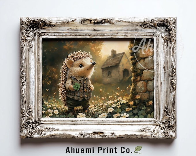 Printable Cottagecore Hedgehog in Meadow - Cute Vintage Wall Art, Cozy Storybook Pastoral Scene, Rustic Spring Digital Illustration 550