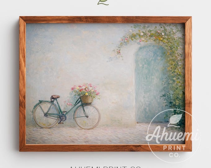 Vintage Bicycle Watercolor Print – Cottagecore Floral Stone Wall (Digital Download)