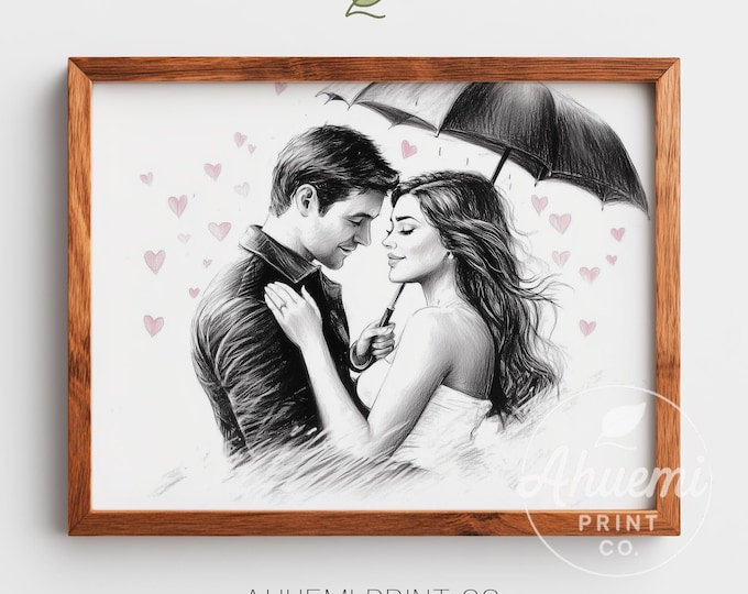 Romantic Hand-drawn Couple Under Umbrella - Vintage Black and White Illustration, Cozy Home Decor, Printable Wall Art, Instant Download 57