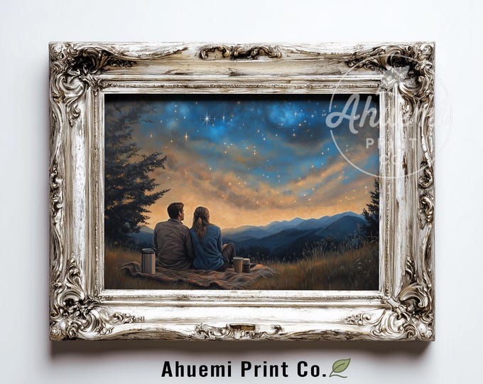 Dreamy Twilight Picnic Landscape - Romantic Couple Under Moody Starlit Sky, Cozy Evening Scene, Soft Digital Printable Wall Art 509