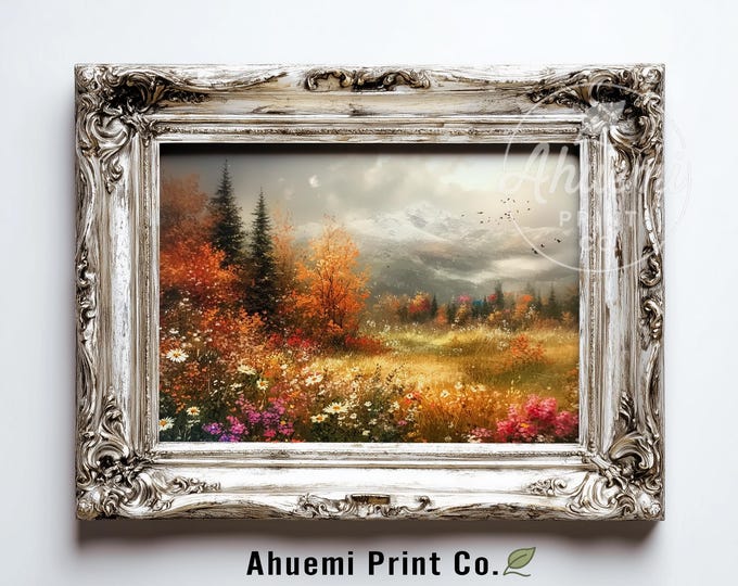 Rustic Fall Meadow Landscape Print – Vintage Cottagecore Art (Digital Download)