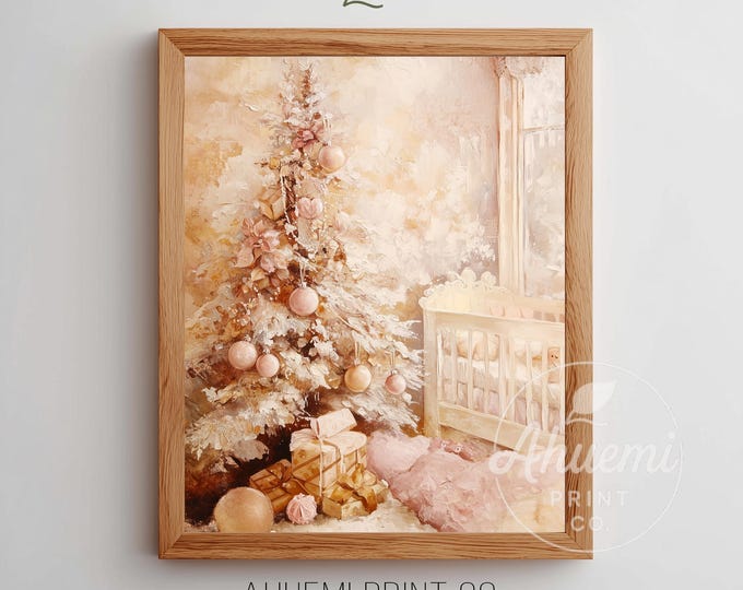 Pink Christmas Nursery Scene - Cozy Pastel Tree Art, Printable Festive Decor, Soft Christmas Tree Painting, Digital Download 157