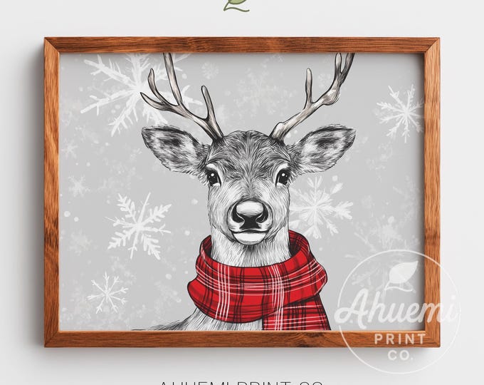 Rustic Reindeer Print - Holiday Wall Art with Snowflakes (Digital Download)