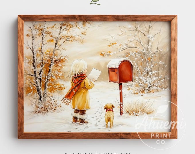 Child Mailing Letter to Santa Print – Vintage Holiday Wall Art (Digital Download)