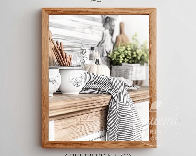 Cozy Fall Kitchen Scene - Printable Wall Art with White Ceramic Mugs, Rustic Decor, Farmhouse Style, Digital Download for Autumn Decor 80