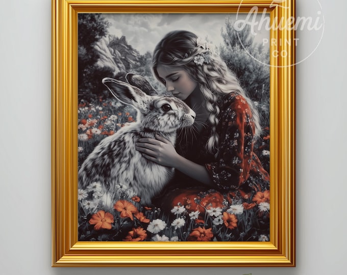 Vintage Cottagecore Printable - Woman with Hare in Wild Garden, Romantic Embrace Art, Moody Illustration Print, Digital Download 564