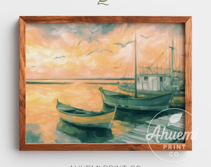 Nautical Sunset Harbor Painting, Coastal Fishing Boats Art (Printable Download)