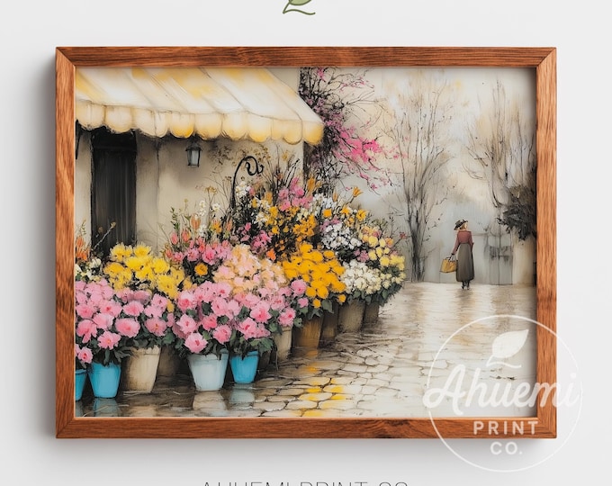 European Flower Market Watercolor Print, Rustic Vintage Street Scene (Digital Download)