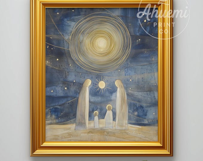 Watercolor Nativity Scene Print – Modern Christmas Star (Digital Download)