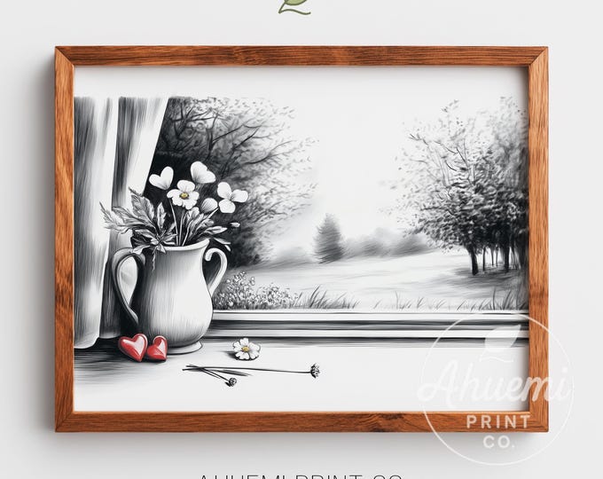 Cottagecore Enamel Pitcher Flower Sketch Print (Instant Download)