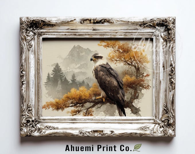 Rustic Autumn Landscape Printable with Regal Bald Eagle, Moody Watercolor Art, Cabin & Nature Inspired Decor, Earthy Digital Download 452