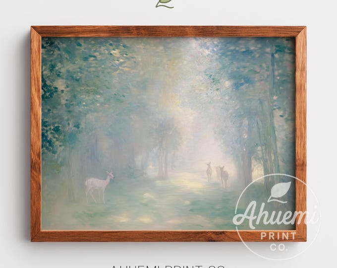 Misty Forest Watercolor Art Print – Deer Silhouettes, Cottagecore Decor (Digital Download)