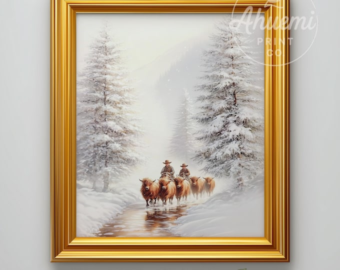 Highland Cattle Winter Landscape Art – Rustic Farmhouse Print (Digital Download)