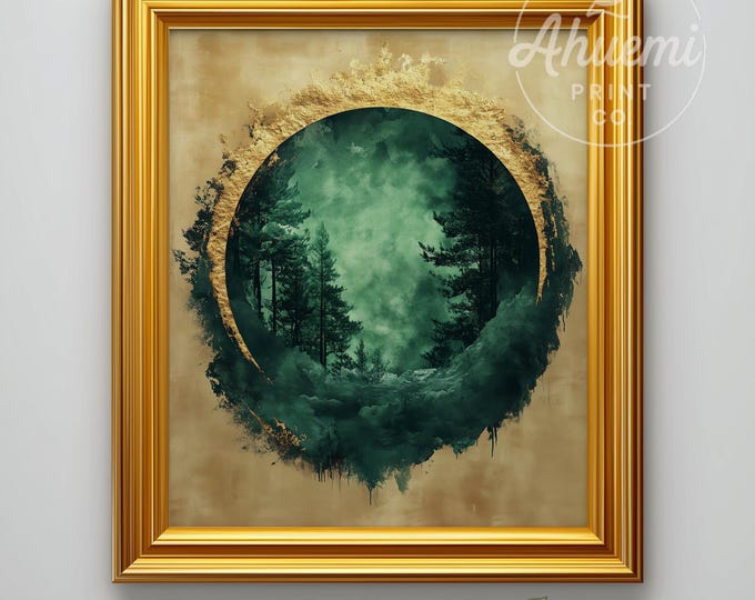 Abstract Moody Pine Forest Print - Rustic Wreath, Gold Accent (Digital Download)