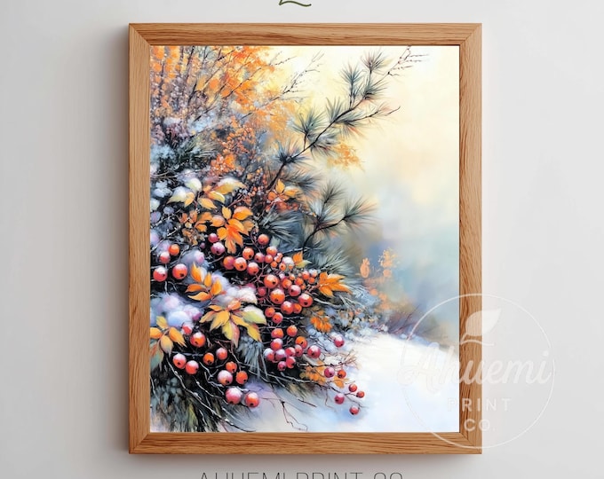 Vintage Winter Berries & Pine Needles Print - Festive Rustic Wall Art, Cozy Autumn Decor, Printable Frosted Evergreens, Instant Download 249