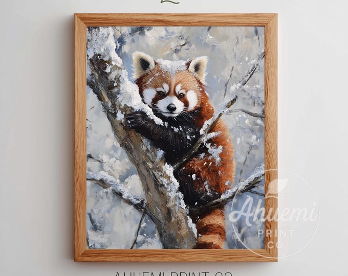 Winter Red Panda Art Print - Rustic Wildlife Portrait (Digital Download)