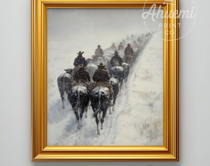 Western Cattle Drive Painting – Snowy Farmhouse Landscape, Cowboys Print (Digital Download)