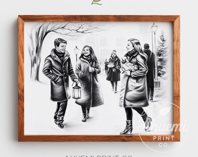 Vintage Carolers Sketch Print – Cozy Winter Scene (Digital Download)